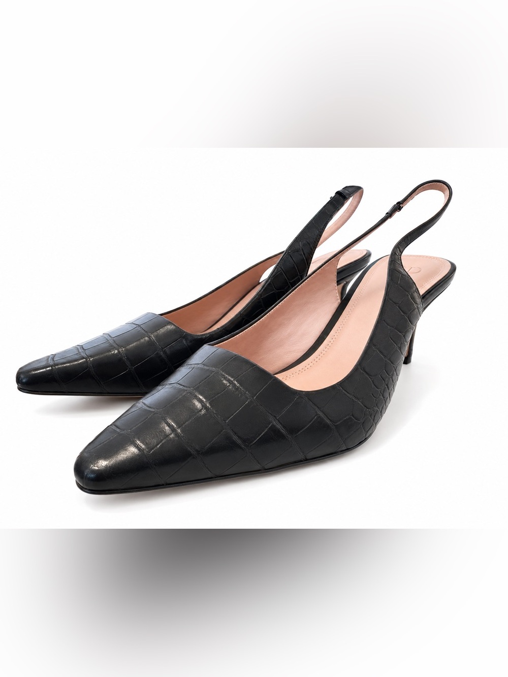 AD & Daughters Pointed Slingback Mules in Black Croc-Embossed Leather
